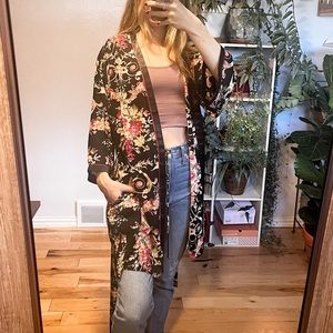 Oscar de la Renta Pink Label Floral Robe Kimono Black Pink Pockets Long Sleeve